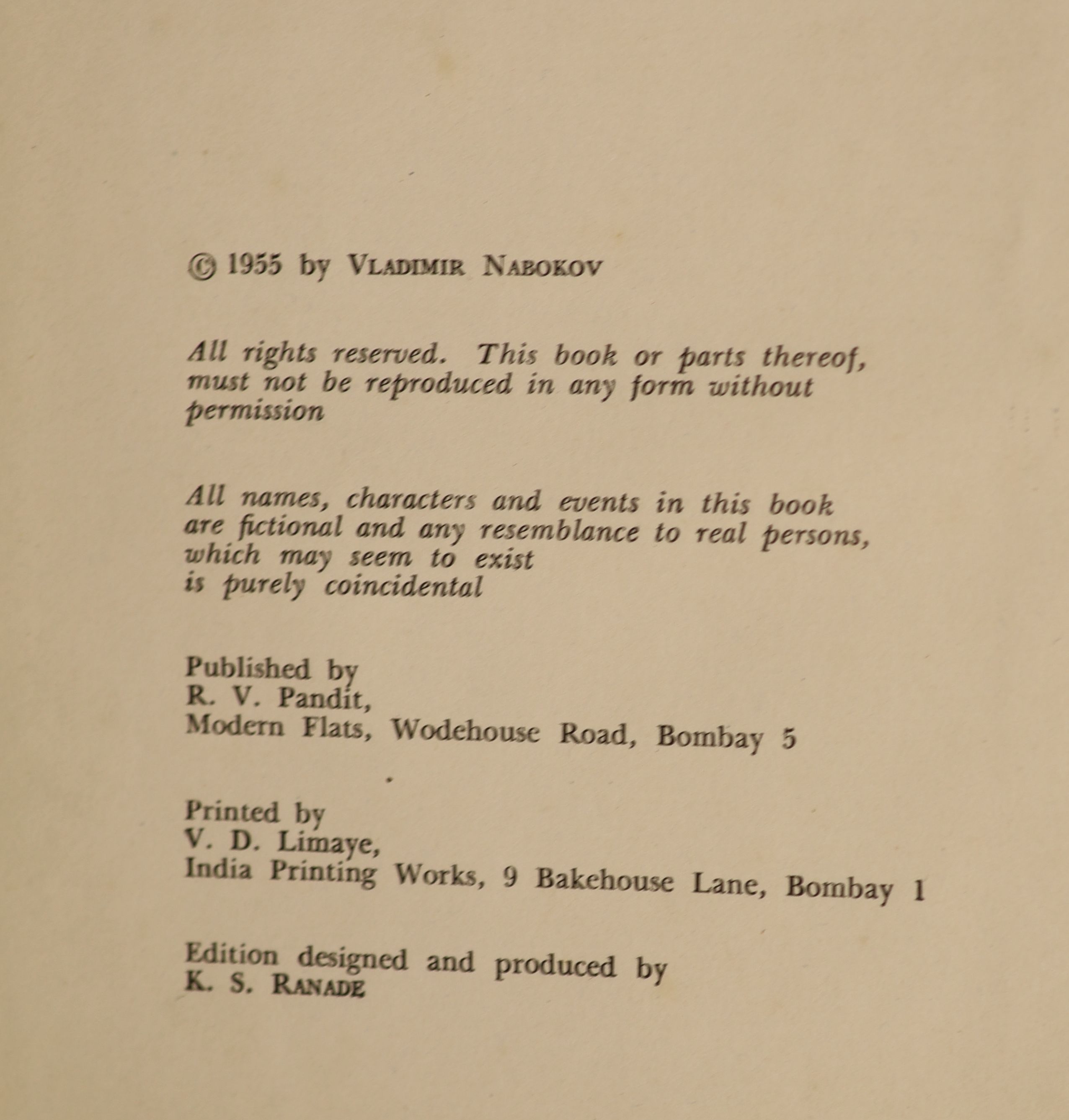 Nabokov, Vladimir - Lolita, 1st Indian edition, 8vo, cloth, R. V. Pandit, Bombay, 1955